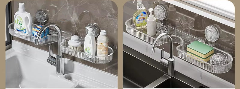Faucet Suction Cup Organizer Bathroom Wall-Mounted Storage Rack Space-Saving Shelf for Toilet Washbasin Countertop